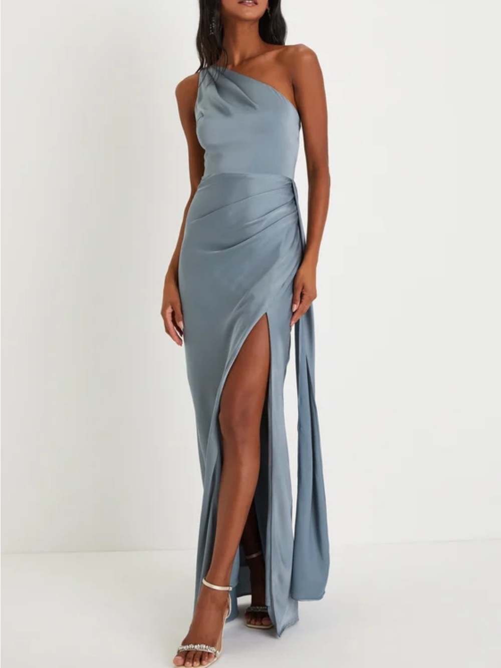 Lulu's One-Shoulder Satin Gown in Slate Blue